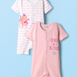kookie kids india Kookie Kids Interlock Knit Half Sleeves Rompers with Stripes & One Of a Kind Text Print - Pink & White-picture-30