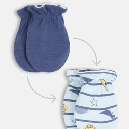 MINI KLUB Cotton Striped & Dinosaurs Designed Reversible Mittens - Blue & White-picture-33