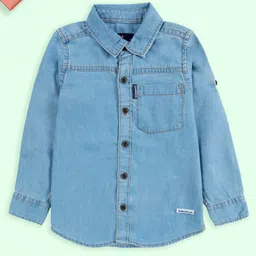 Kiddopanti Denim Woven Full Sleeves Solid Pocket Detailed Shirt - Light Blue-picture-16
