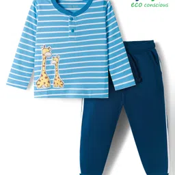 Babyoye 100% Cotton Knit Eco Jiva Full Sleeves T-Shirt & Joggers Set with Stripes & Giraffe Print - Blue-picture-20