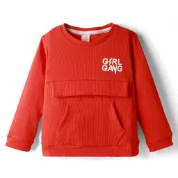 Olio Kids Knitted Full Sleeves Winter T-Shirt With Kangaroo Pockets & Girl Gang Print - Red-picture-17