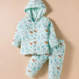 Tango Fleece Knit Full Sleeves Hooded Winter Wear Night Suit With Animal Print - Aqua-picture-27