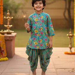 Saka Designs By Sapna Cotton Woven Three Fourth Sleeves Floral Printed Kurta Dhoti Set - Turquoise-image-69