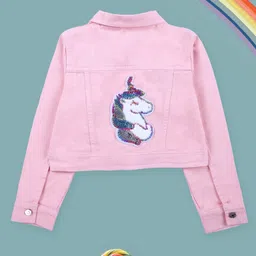 Kiddopanti Denim Woven Full Sleeves Unicorn Patch Embroidered & Sequins Embellished Crop Jacket - Pink image 3