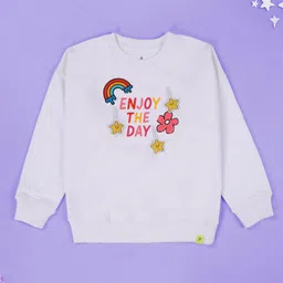 Kiddopanti Fleece Knit Pack Of 2 Full Sleeves Enjoy the Day Text Printed & Sequins Flower Badges Light Winter Sweatshirts - White & Peach Pink image 3