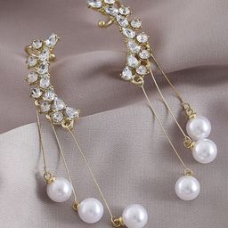 VAGHBHATT Korean Gold-Plated Artificial Stones Studded & Pearls Beaded Tasselled Ear Cuff-picture-38