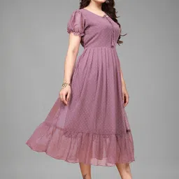 QENA Tie-Up Neck Puff Sleeve Applique Georgette Fit & Flare Maxi Dress image 4