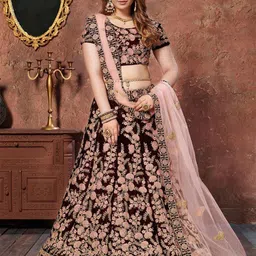ODETTE Floral Embroidered Thread Work Velvet Semi-Stitched Lehenga & Blouse With Dupatta-picture-18