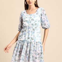 DODO & MOA Floral Printed Puff Sleeve Crepe Fit & Flare Dress-picture-49