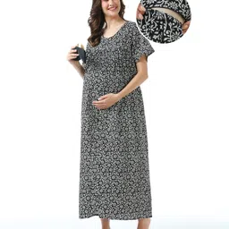 Bella Mama Cotton Woven Half Sleeves  Floral Printed Maternity Nursing Nighty - Black-picture-14