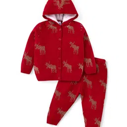 Babyhug Knitted Full Sleeves Front Open Hooded Sweater & Pant With Reindeer Design - Red-picture-15