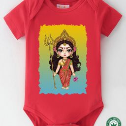 BLUSHES Durga Puja Theme 100% Cotton Half Sleeves Durga Maa Printed Onesie - Red-picture-40