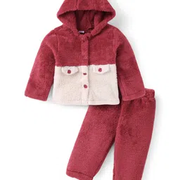 Babyhug Fur Woven Full Sleeves Hooded Front Open Winter Wear Suit - Wine & White-picture-17