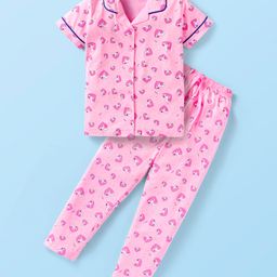 Doreme Single Jersey Knit Full Sleeves Heart Printed Night Suit - Pink-image-44