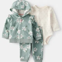Carter's Knit Full Sleeves Hooded Jacket & Joggers Set with Onesie with Floral Print - Mint & Ivory-picture-14