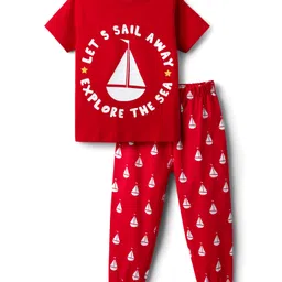 Babyhug Cotton Knit Half Sleeves Night Suit with Nautical Theme Print - Red-picture-12