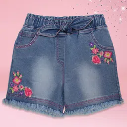 Cutecumber Floral Embroidered Mild Washed Denim Shorts - Blue-image-84
