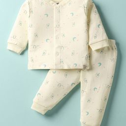 Simply Interlock Knit Full Sleeves Front Open Co-Ord Night Suit with Star Moon & Bird Print - Offwhite-picture-47