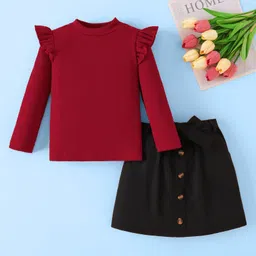 Mark & Mia Full Sleeves Solid Top and Skirt Set & Belt - Maroon & Black-image-3