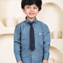 Polka Tots Cotton Woven Full Sleeve Textured Shirt With Tie - Heritage Blue-picture-17