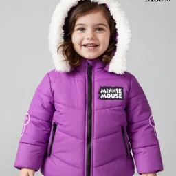 Babyhug Disney Woven Full Sleeves Hooded Padded Jacket With Minnie & Friends Graphics & Fur Detailing - Purple image 1