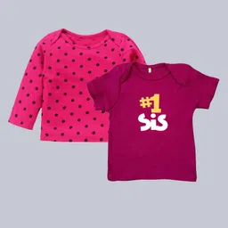 Kadam Baby Cotton Knit Raksha Bandhan Theme Pack Of 2 Full Sleeves Hashtag 1 Sis Text & Polka Dots Printed Tee - Maroon & Pink-image-104