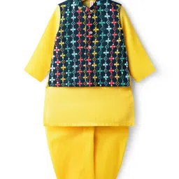 Babyhug Cotton Woven Full Sleeves Kurta Dhoti & Floral Embroidered Jacket Set - Yellow-image-18