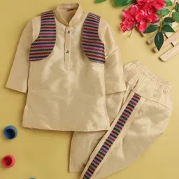 Jeet Ethnics Cotton Blend Knit Full Sleeves Solid Kurta Dhoti Set With Striped Jacket - Cream-picture-20