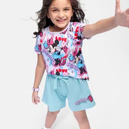 Babyhug Disney Cotton Knit Half Sleeves T-Shirt & Shorts Set With Minnie Mouse Graphics - Multicolor image 2