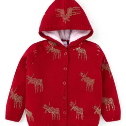 Babyhug Knitted Full Sleeves Front Open Hooded Sweater & Pant With Reindeer Design - Red image 2