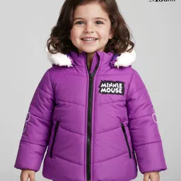 Babyhug Disney Woven Full Sleeves Hooded Padded Jacket With Minnie & Friends Graphics & Fur Detailing - Purple image 2