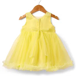 Babyhug Woven Sleeveless Solid Mesh Party Dress With 3D Floral Applique - Light Yellow image 3