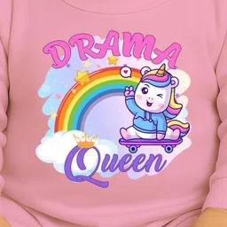 The Peppy Tend 100% Cotton Knit Full Sleeves Drama Queen Text & Baby Unicorn Printed Romper - Pink image 4