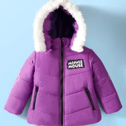 Babyhug Disney Woven Full Sleeves Hooded Padded Jacket With Minnie & Friends Graphics & Fur Detailing - Purple image 3
