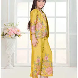 Tiny Kingdom Woven Floral Embroidered Sequin Embellished Top & Palazzo With Three Fourth Sleeves Coordinating Jacket - Yellow image 5