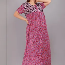 AAKARSHANA Pink Pure Cotton Maxi Checked Nightdress-picture-23