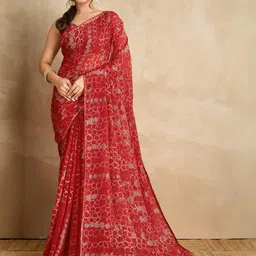 Mitera Floral Printed Zari Pure Chiffon Saree With Blouse Piece image 2