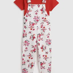 YK Girls White & Red Cotton Floral Print Dungarees with T-shirt-image-20