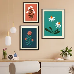 999Store Green & Orange 3 Piece Paper Floral and Botanical Wall Paintings image 1