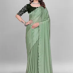 Zenophily Pure Chiffon scallop Border Saree with Embroidered Blouse Piece-picture-12