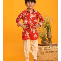 Vastramay Full Sleeves Floral Printed Kurta Patiala - Red Cream-picture-28