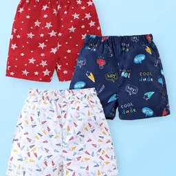 Babyhug Cotton Woven Boxer With Stars & Paper Airplane Print Pack Of 3 - Red Navy Blue & White-image-8