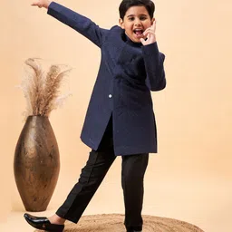 Vastramay Silk Full Sleeves Self Design Shimmered Sherwani & Pant Set - Navy Blue-picture-18