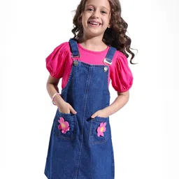 Hola Bonita Cotton Woven Half Puffed Sleeves Inner Tee & Denim Pinafore Dress with Floral Embroidery - Pink & Blue-picture-37