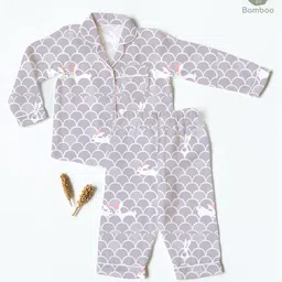 Cocoon Care 100% Bamboo Cotton Muslin Full Sleeves Rabbit Printed Coordinating Night Suit Set - Grey-image-96