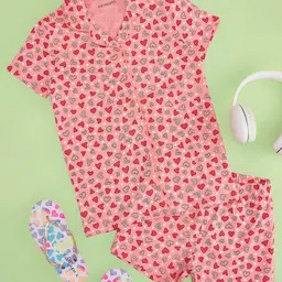 Pantaloons Junior Cotton Knit Half Sleeves Hearts Printed Coordinating Night Wear Set - Red-picture-20