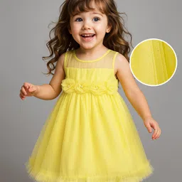 Babyhug Woven Sleeveless Solid Mesh Party Dress With 3D Floral Applique - Light Yellow-picture-19
