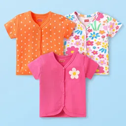 Babyhug Interlock Knit Half Sleeves Antibacterial Front Open Vests With Polka Dots & Floral Print Pack Of 3 - Orange Pink & White-picture-30