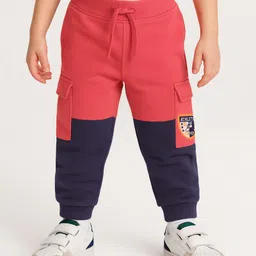 Babyhug Cotton Looper Knit Full Length Lounge Pant with Cut & Sew & Patch Applique - Red & Navy Blue-picture-34