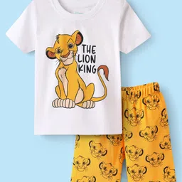 Babyhug Disney Single Jersey Knit Half Sleeves Shorts Night Suit with Lion King Graphics - White & Yellow-picture-25